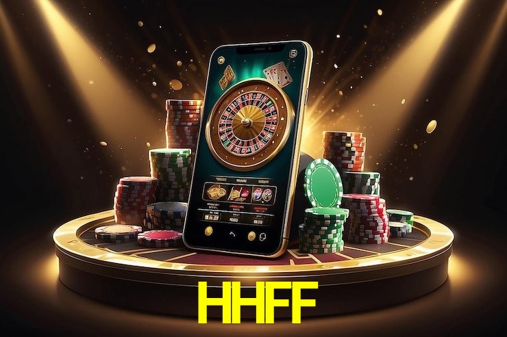 Escena dinámica inspirada en casino con iluminación HHFF, cartas, fichas e íconos de juegos digitales en un espacio moderno de juegos.