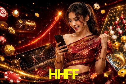 Una escena digital vívida inspirada en casino con HHFF mostrado prominentemente, luces brillantes, fichas, cartas y acentos dorados.